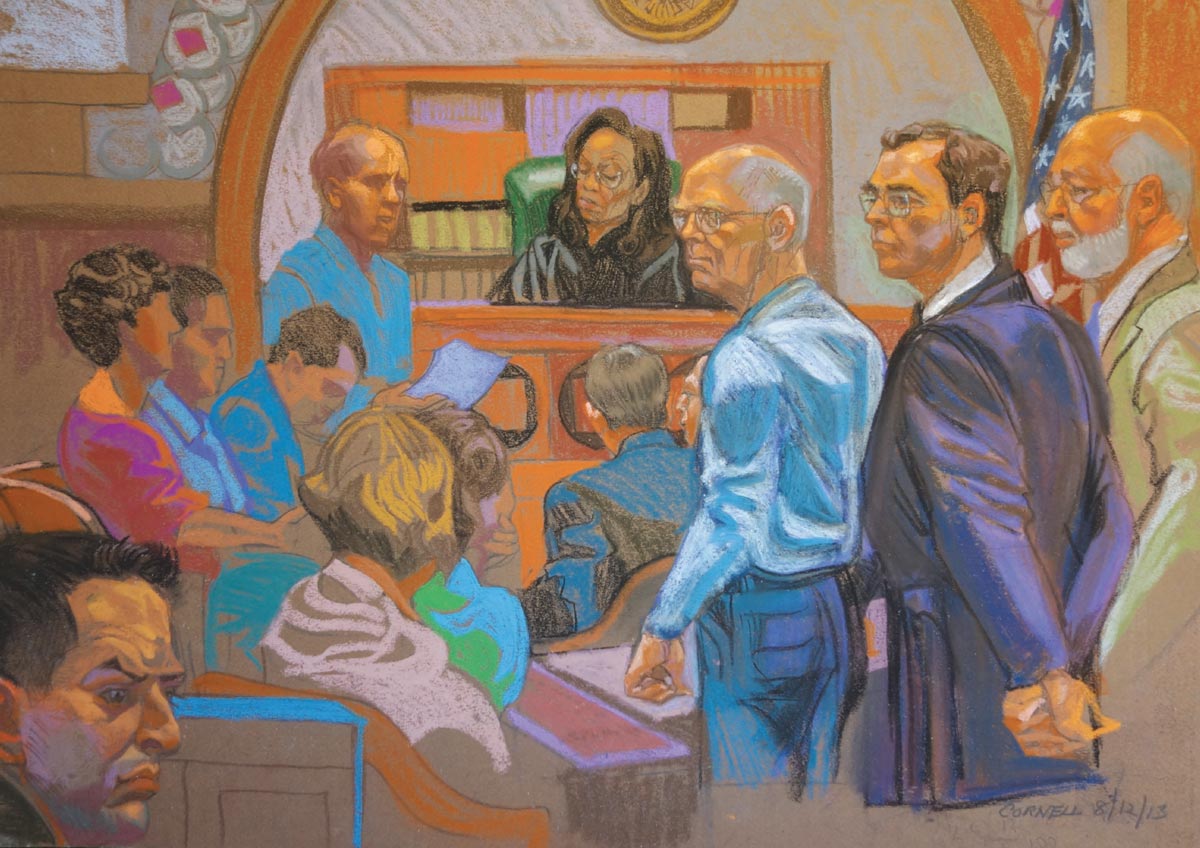 A courtroom illustration of Judge Casper on the bench